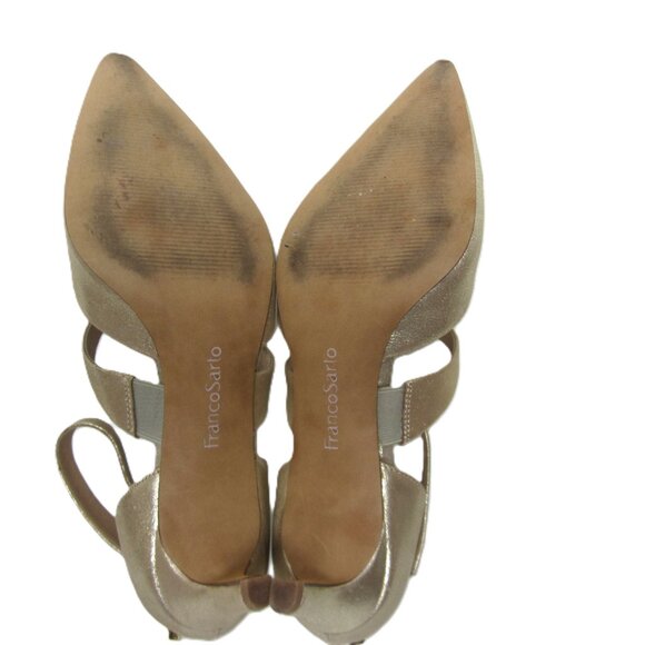 Franco Sarto Size 8.5M Soft Gold Suede Leather Heels Back Zip Ankle Strap - Picture 12 of 12
